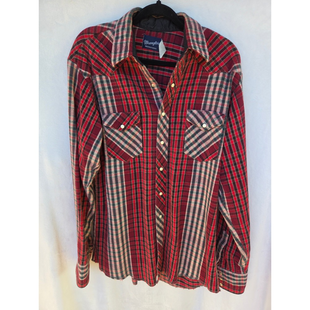 Wrangler Western Shirt Men L Red Green Plaid Heavy Pearl Snap Vintage Frayed Hem